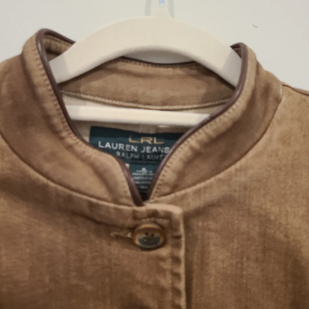 LRL Ralph Lauren Tan Button Down Military Style Sheep Leather Trim Jacket - Picture 4 of 14